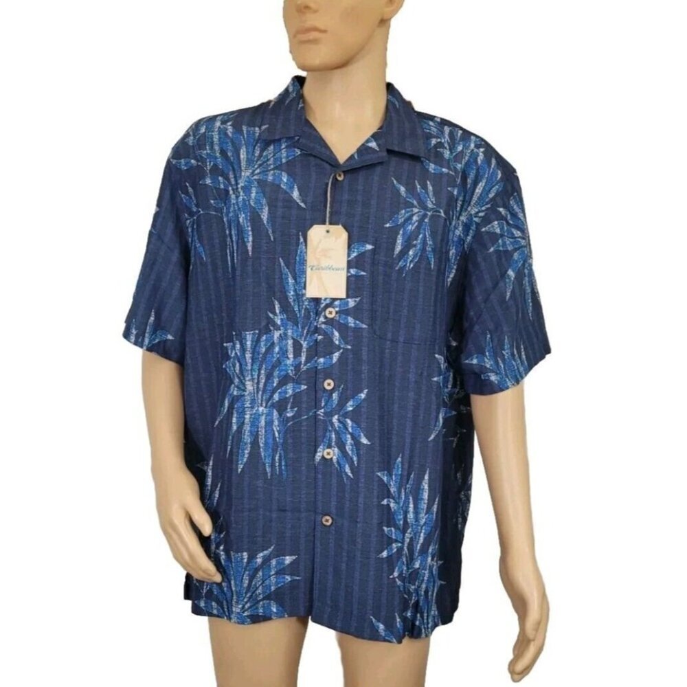 Caribbean Men's Shirt Size XL Casual Short Sleeve Button Up Dark Blue 36